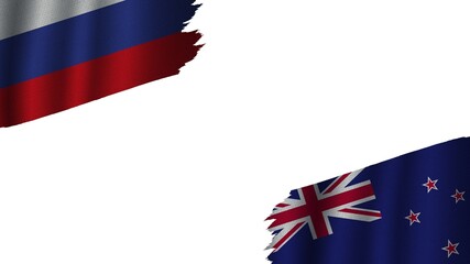 New Zealand and Russia Flags Together, Wavy Fabric Texture Effect, Obsolete Torn Weathered, Crisis Concept, 3D Illustration