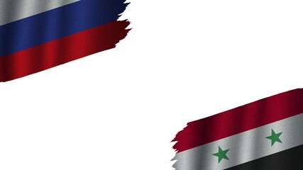 Syria and Russia Flags Together, Wavy Fabric Texture Effect, Obsolete Torn Weathered, Crisis Concept, 3D Illustration