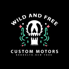 skeleton head and flowers with wild and free typography. illustration for t shirt, poster, logo, sticker, or apparel merchandise.