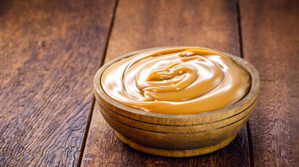 pot of dulce de leche or homemade caramel on rustic wooden background, typical Brazilian sweet