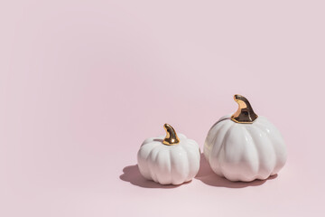 Two white decorative ceramic pumpkins on pink background in hard light with copy space. - 452064477