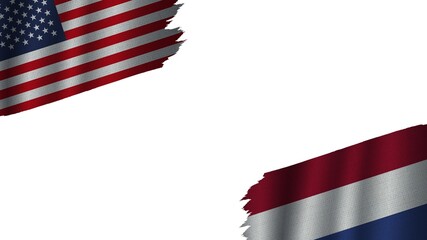 Netherlands and United States of America USA Flags Together, Wavy Fabric Texture Effect, Obsolete Torn Weathered, Crisis Concept, 3D Illustration
