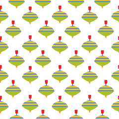 Fototapeta na wymiar Seamless pattern with children s toy whirligig on a white background. Striped green spinning top toy. Vector illustration in minimalistic flat style, hand drawing. Suitable for textiles, print design.
