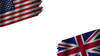 United Kingdom and United States of America USA Flags Together, Wavy Fabric Texture Effect, Obsolete Torn Weathered, Crisis Concept, 3D Illustration