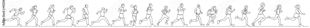 Poster continuous line drawing of group of diverse people exercising running