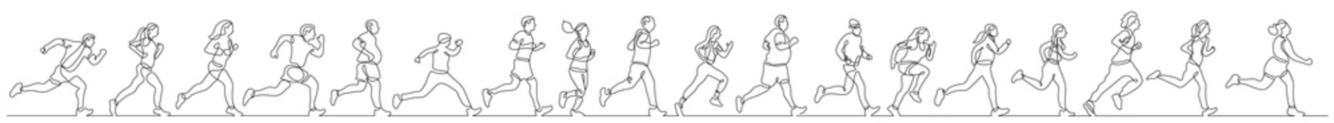 continuous line drawing of group of diverse people exercising running