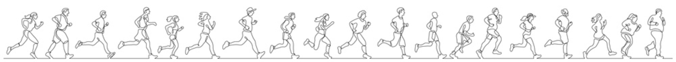continuous line drawing of group of diverse people exercising jogging