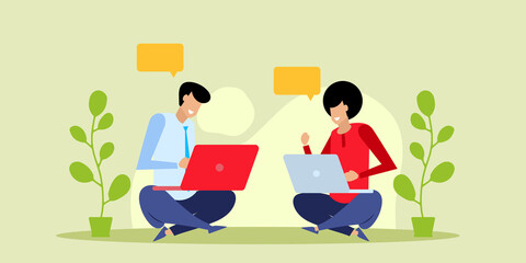 Business meeting concept vector illustration of young people using laptop and smartphone for online funding and making investments for bitcoin and blockchain. Flat design of new technology