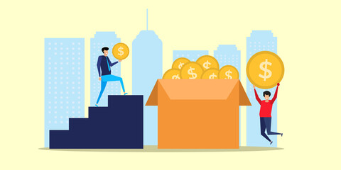 Investment concept vector illustration of young people using laptop and smartphone for online funding and making investments for bitcoin and blockchain. Flat design of new technology.