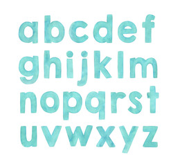 Watercolor painting of English alphabet letters in pretty teal color. Hand drawn watercolour illustration on white, cut out clip art elements for design decoration, print, poster, stickers, placard.