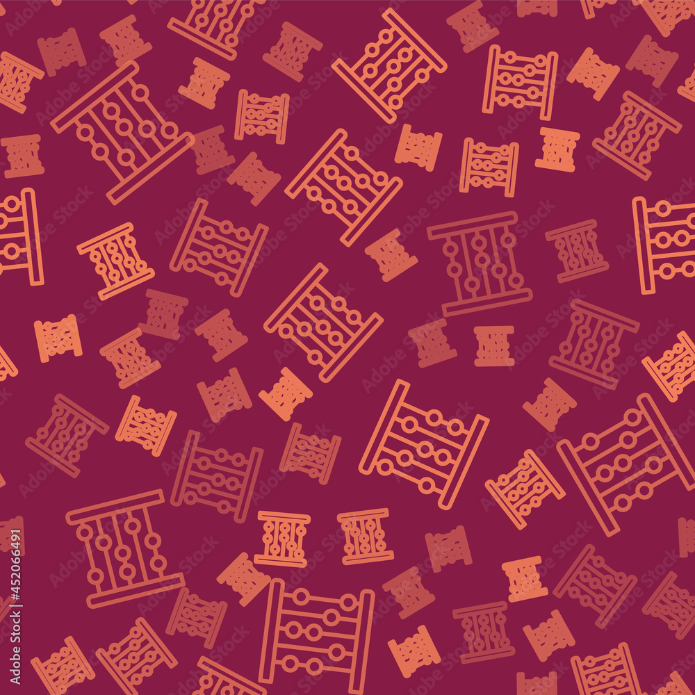 Poster brown line abacus icon isolated seamless pattern on red background. traditional counting frame. educ