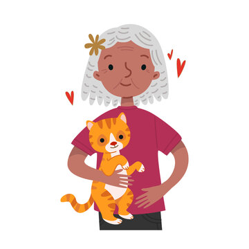 Portrait of a cartoon old black woman holding a ginger cat. A favorite pet and its owner in a fun style. Vector illustration of an elderly grandmother with gray hair. Isolated clipart.