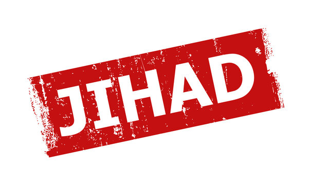 Red JIHAD rectangle seal stamp. JIHAD text is inside rectangle shape. Rough JIHAD stamp in red color, with unclean style.