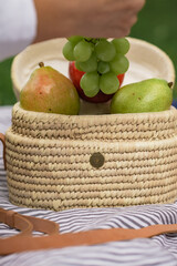 picnic on striped blanket at summer park apples pears grapes tomatoes cookies drinks