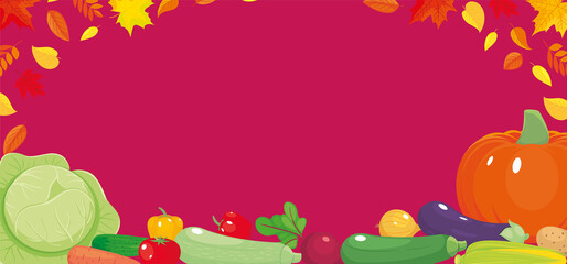 Autumn background with fresh seasonal vegetables and leaves. Harvest festival, Healthy fresh vegetarian food. Vector illustration, cartoon, banner, flyer, frame with copyspace