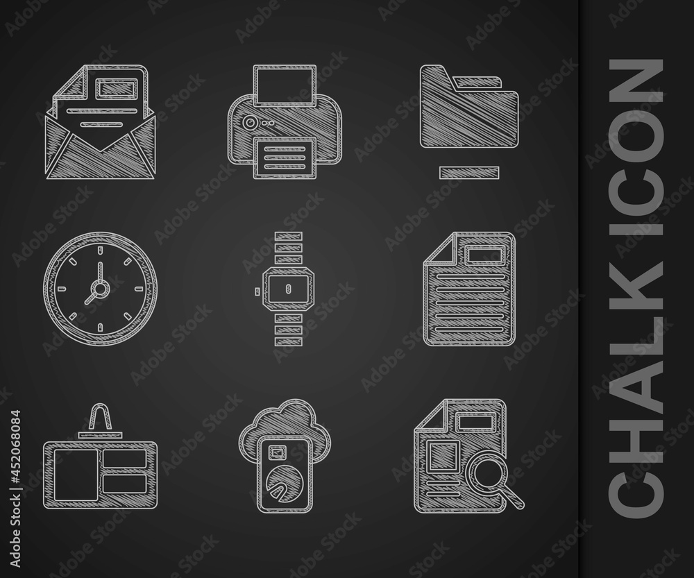 Poster set wrist watch, cloud database, document with graph chart, file document, identification badge, clo