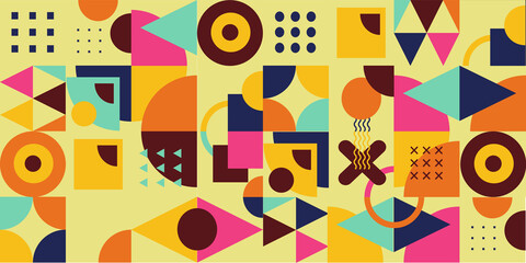 Fototapeta premium Flat mosaic background with Bauhaus, geometric shape, Memphis shapes. Modern abstract covers background, minimal covers design. Colorful geometric background, vector illustration.