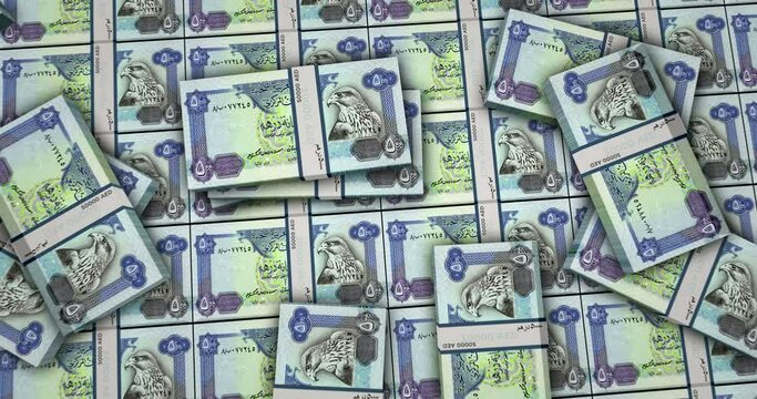 Arab Emirates Dirhams banknotes 3d animation. Camera view from close to long distance. 500 AED Dubai money packs. Concept of inflation, economy, crisis, business, banking, debt and finance.