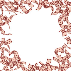 Russian ruble notes falling. Floating RUB bills on