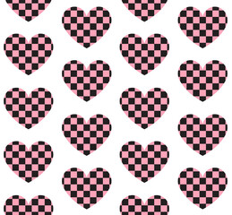 Vector seamless pattern of flat heart with chess checkered pink texture isolated on white background