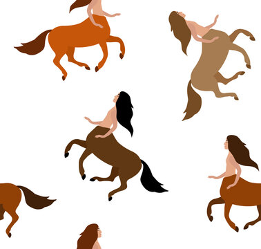 Vector seamless pattern of flat cartoon colored centaur isolated on white background