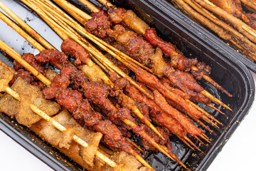 A variety of snack stalls grilled kebabs