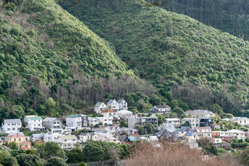 Homes grouped at bottom of Tinakori Hills catching sun on side of ridges in Wellington