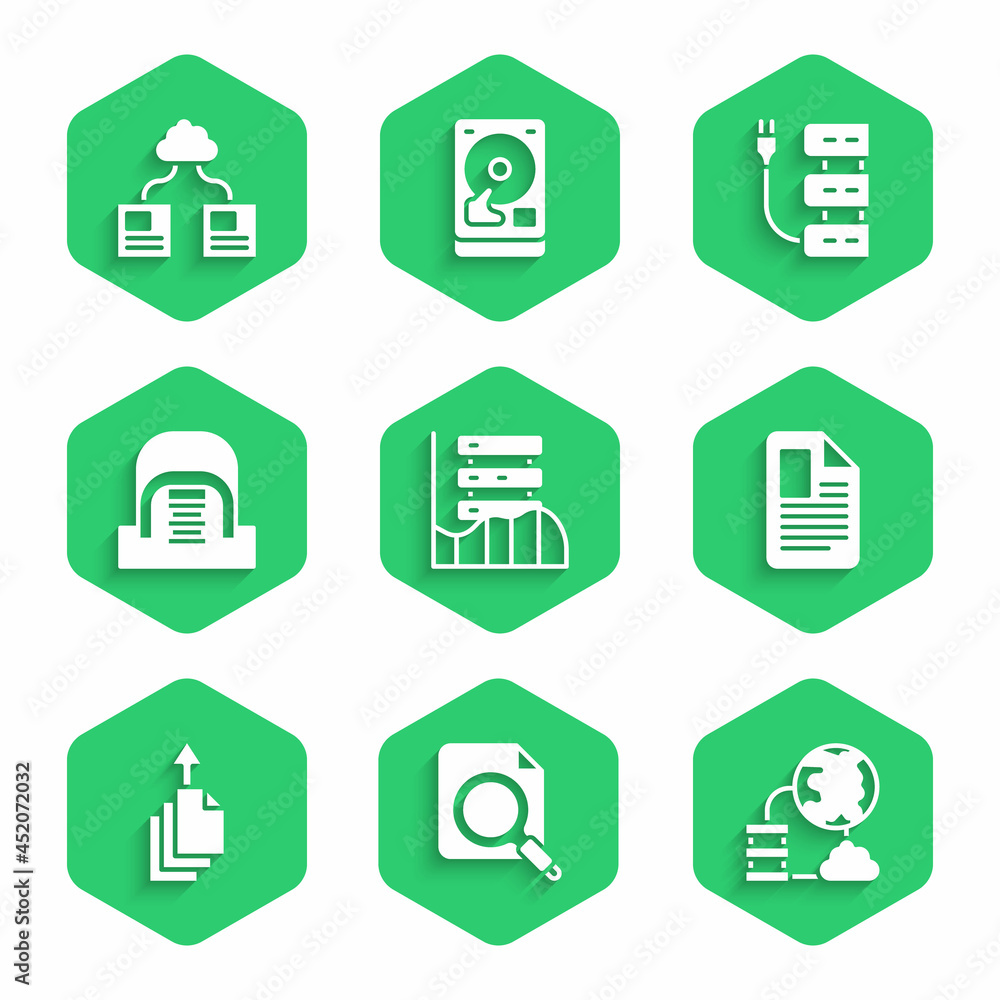 Poster set server, data, web hosting, search concept with folder, network cloud connection, file document, 
