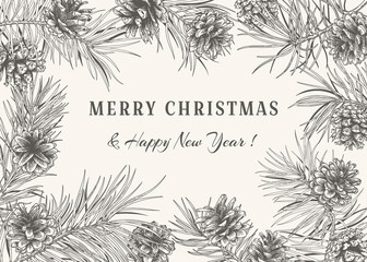 Christmas card with pine branches and cones. Black pattern on White background.