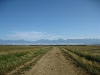 Fototapeta na wymiar Steppe, road and mountains, blue sky. Border of Russia and Mongolia