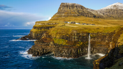 Múlafossur Waterfall landscape in autumn, Gasadalur, Faroe Islands