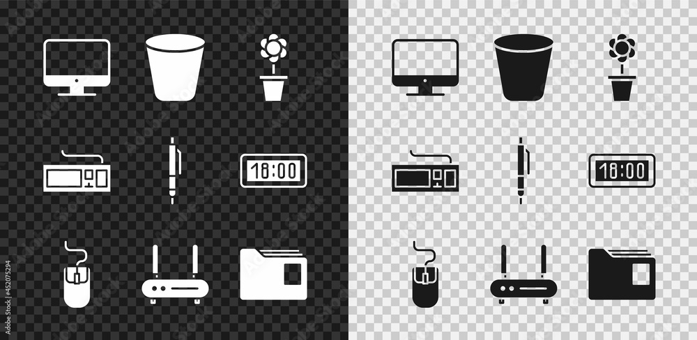 Poster set computer monitor screen, trash can, flower in pot, mouse, router and wi-fi signal, document fold