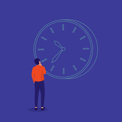 Back View Of A Man Looking At The Clock. Waiting For The Time To Pass Concept.