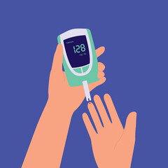 A Person's Hand With A Drop Of Blood Testing Blood Sugar With Glucometer.