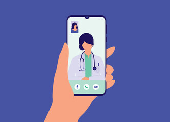 A Patient's Hand Holding Smartphone Making Video Call With Female Doctor. Telemedicine. Telehealth. - obrazy, fototapety, plakaty