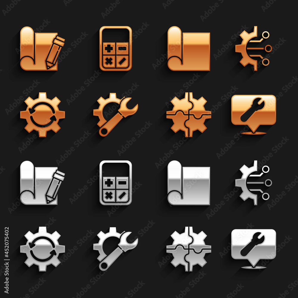 Poster set wrench spanner and gear, algorithm, location with wrench, gear, arrows as workflow, graphing pap