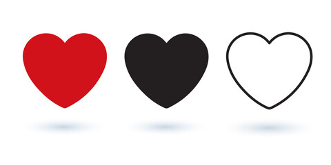 Collection of various heart shaped vectors with shadows on a white background