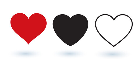 Collection of various heart shaped vectors with shadows on a white background