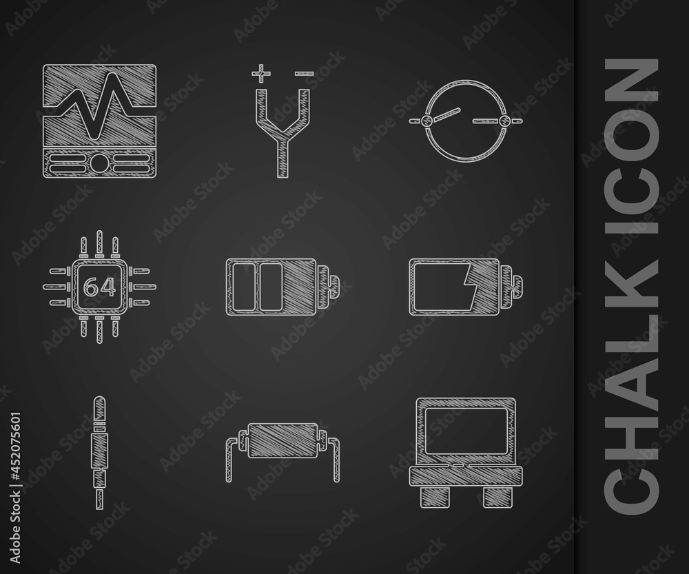 Poster set battery charge level indicator, resistor electricity, fuse, audio jack, processor with microcirc