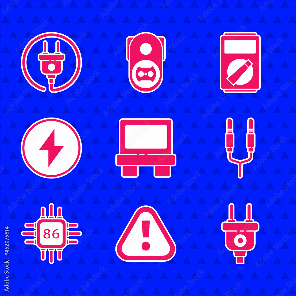 Poster set fuse, exclamation mark in triangle, electric plug, audio jack, processor with microcircuits cpu,