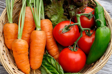 Overview of basket of vegetables.