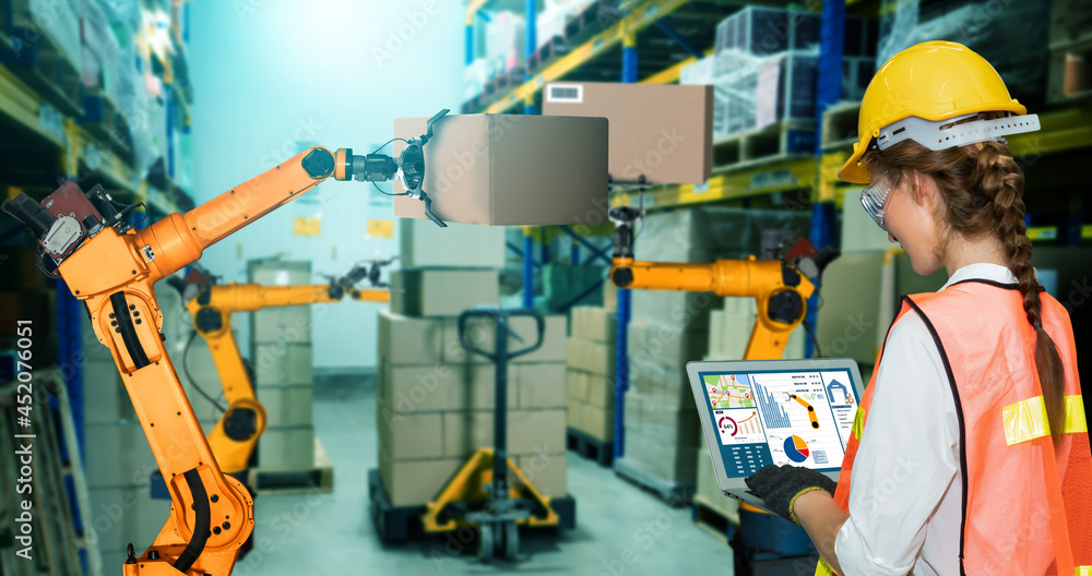 Poster smart robot arm systems for innovative warehouse and factory digital technology . automation manufac