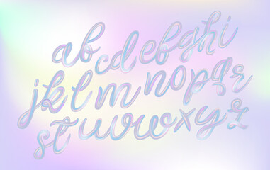 Alphabet set of iridescence holographic and multicolour 3d letters for poster, flyer, banner or design element. Psychedelic pastel color font. Vector.