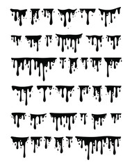 Black Melting Paint Abstract Liquid Vector Elements Isolated on White Background. Border and Drips Ink Set. Vector Illustrations.