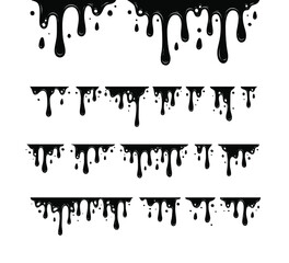 Black Melting Paint Abstract Liquid Vector Elements Isolated on White Background. Border and Drips Ink Set. Vector Illustrations.