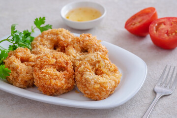 Deep fried shrimp cake on white plate, Thai food