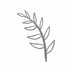 Single silhouette of branch with leaves and grunge texture. Vector hand drawn illustration of leaf silhouette in doodle style, isolated on white background.