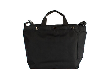 Isolated closeup studio shot of new casual modern trendy fashionable fabric black  bag handbag...