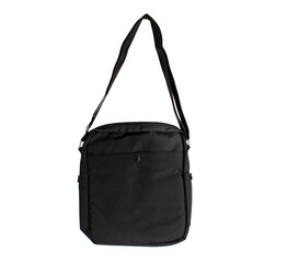 Isolated closeup studio shot of new small casual modern trendy fashionable fabric black messenger rider men sling bag handbag baggage with strap on white background