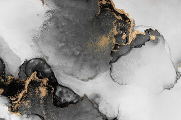 Black gold abstract background of marble liquid ink art painting on paper . Image of original...